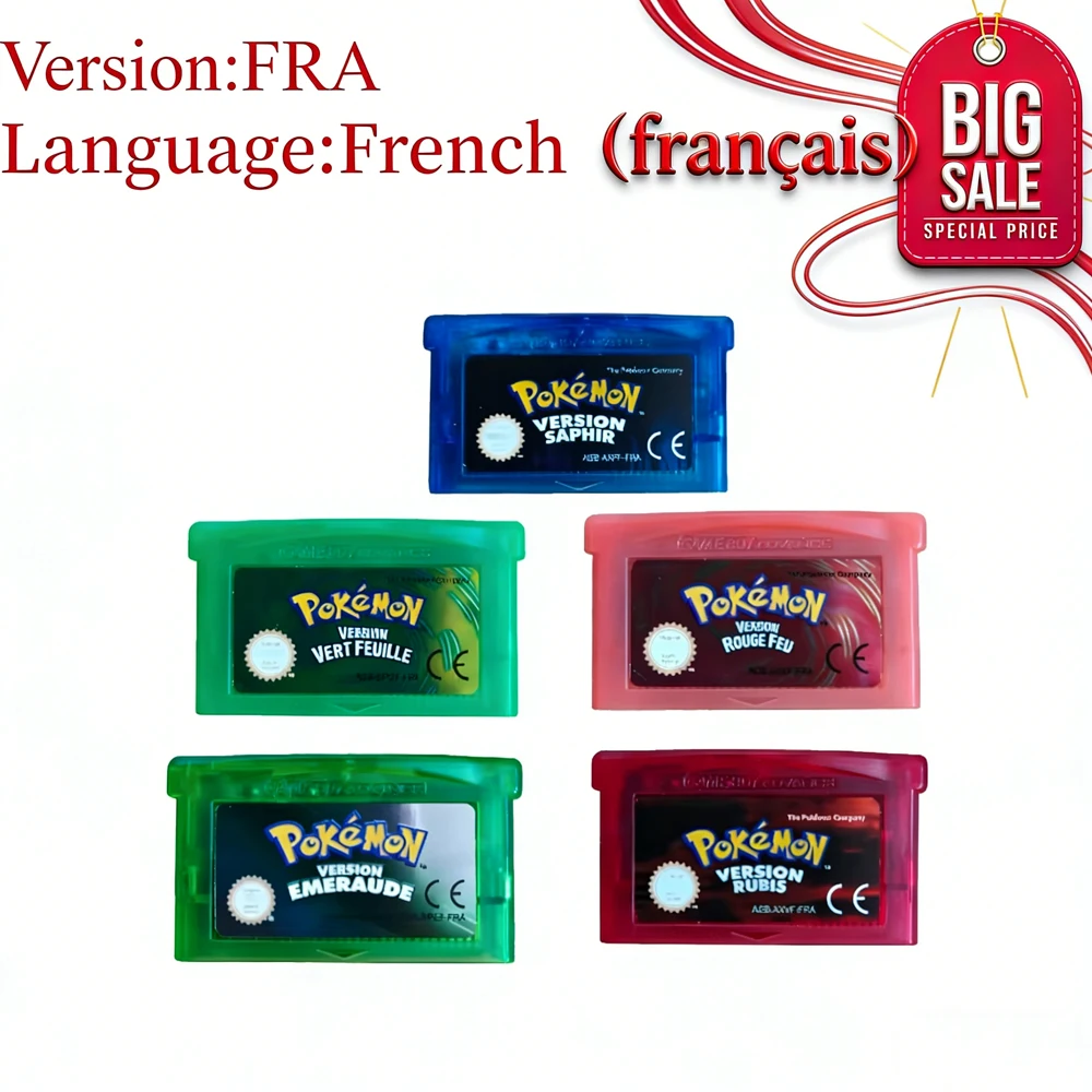 Hot Pokemon French Series Emerald FireRed Leafgreen Sapphire GBA Game Card for 32 Bit Video Game Cartridge
