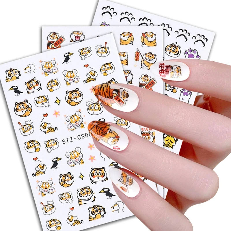 Ano do tigre arte do prego adesivos auto-adesivos animais decalques unhas 3d decorações da arte do prego manicure diy prego