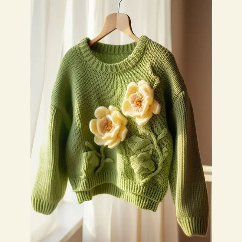 Gagarich Fashion Beautiful Knitwear Heavy Industry Green Flower Sweater Jacket Women Autumn Winter New Style Pullover Top