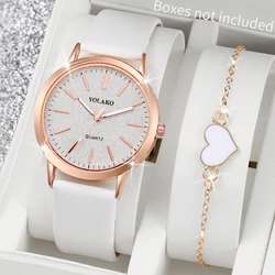 2PCS/Set Fashion Matting Dial Women Quartz Watch Casual Leather Band Wristwatches Heart Bracelet Set（Without Box）