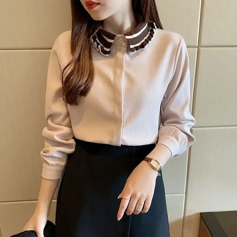 Fashion Peter Pan Collar Spliced Button Bow Blouses Women's Clothing Autumn Winter Loose Casual Pullovers Commuter Shirts X845