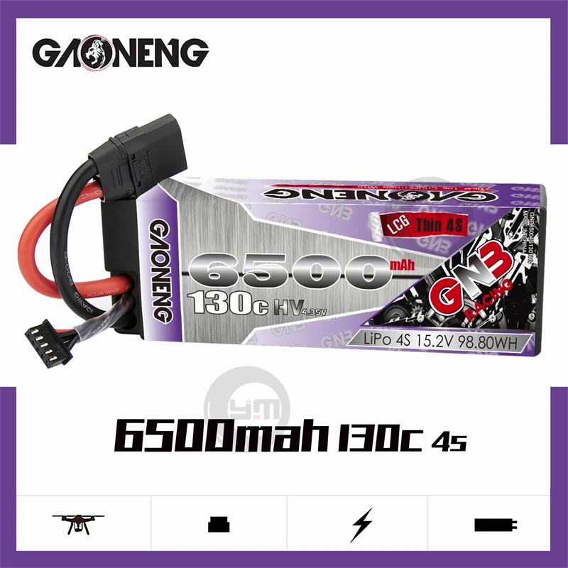 

GAONENG GNB 6500MAH 4S1P 15.2V 130C HV LCG Thin RC LiPo Battery Pack with XT60/XT90/EC5/T-Plug for 1:8 1/8 Car Truck Buggy