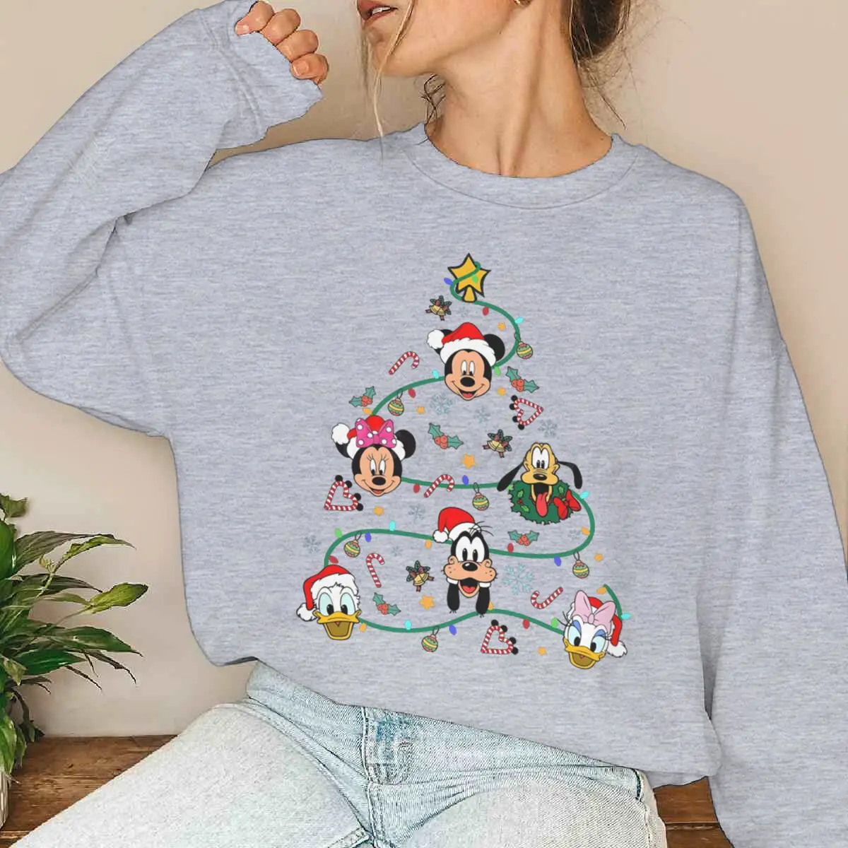 بلوزات نسائية كارتون ميكي والأصدقاء أضواء عيد الميلاد الخريف كم طويل البلوفرات Harajuku سترة غير رسمية الموضة