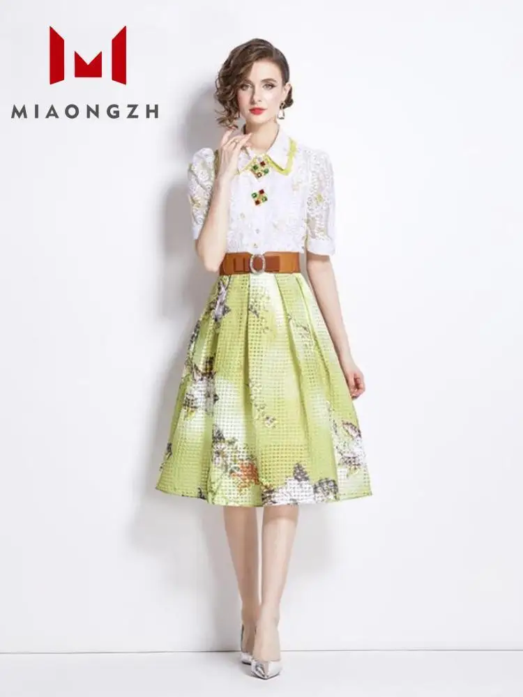 New Elegant Vintage 2 Pieces Set For Women Turn Down Collar Short Sleeve Single Button Shirt Top Casual A Line Skirt Print Suit