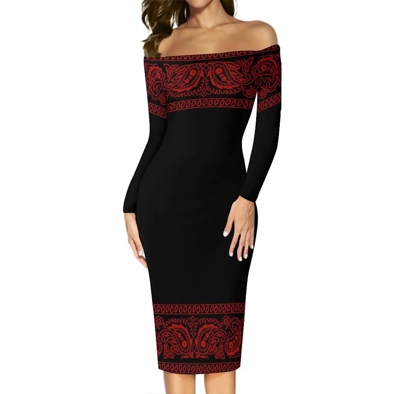 Hot Selling Women Sexy Dress Bandana Pattern Dinner Party Tight Off-The-Shoulder Dress Support Customization