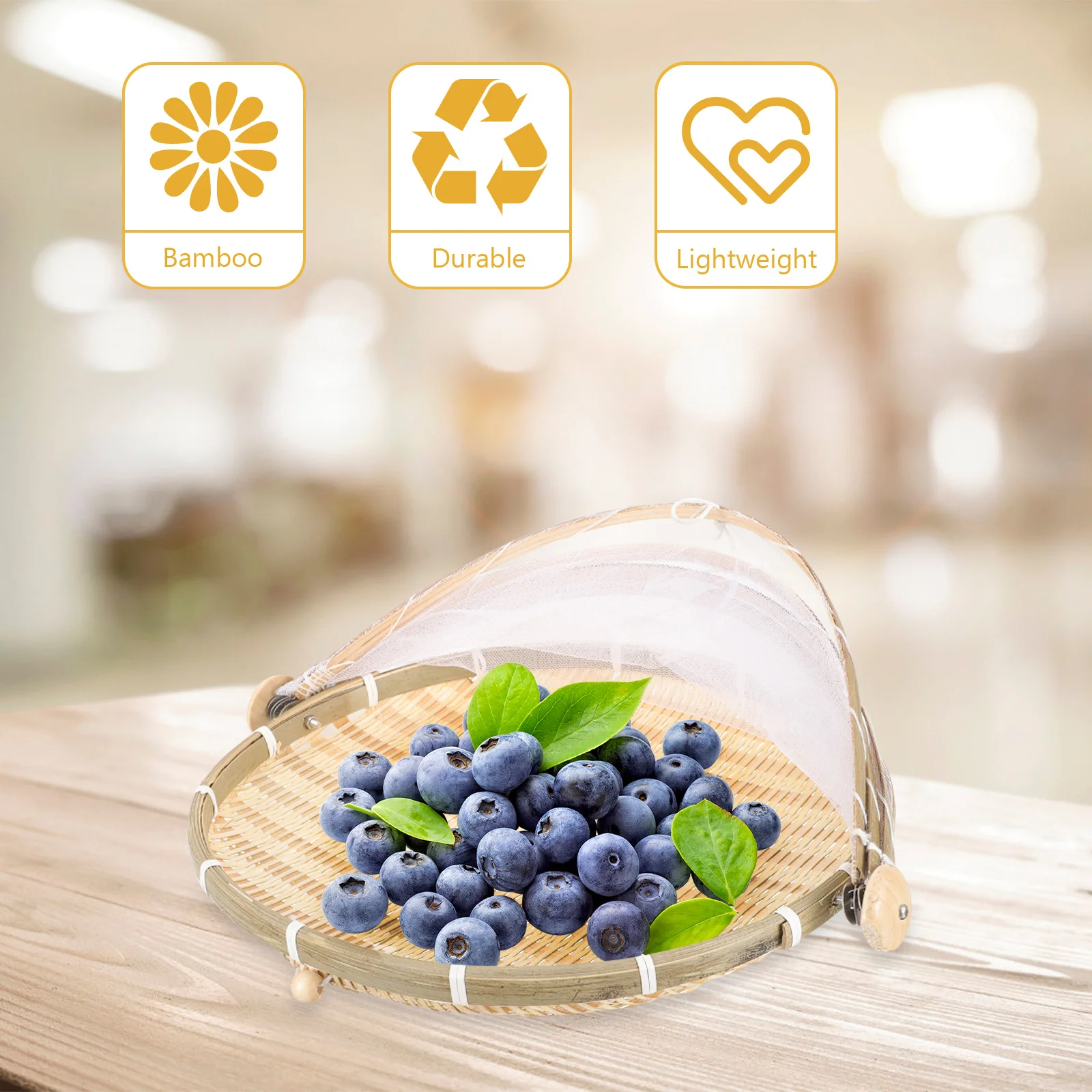 

Bamboo Woven Basket Food Tent Gauze Cover Storage Tray Ventilated Visible Strong Deformed Proof Countertop Picnic