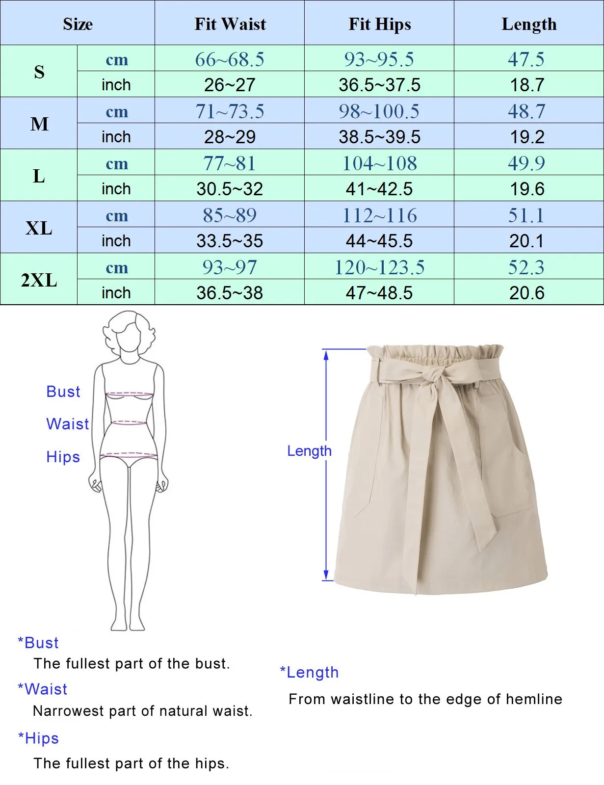 KK Women Belt Decorated Skirt With Pockets Elastic Waist A-Line Mid-Thigh Length