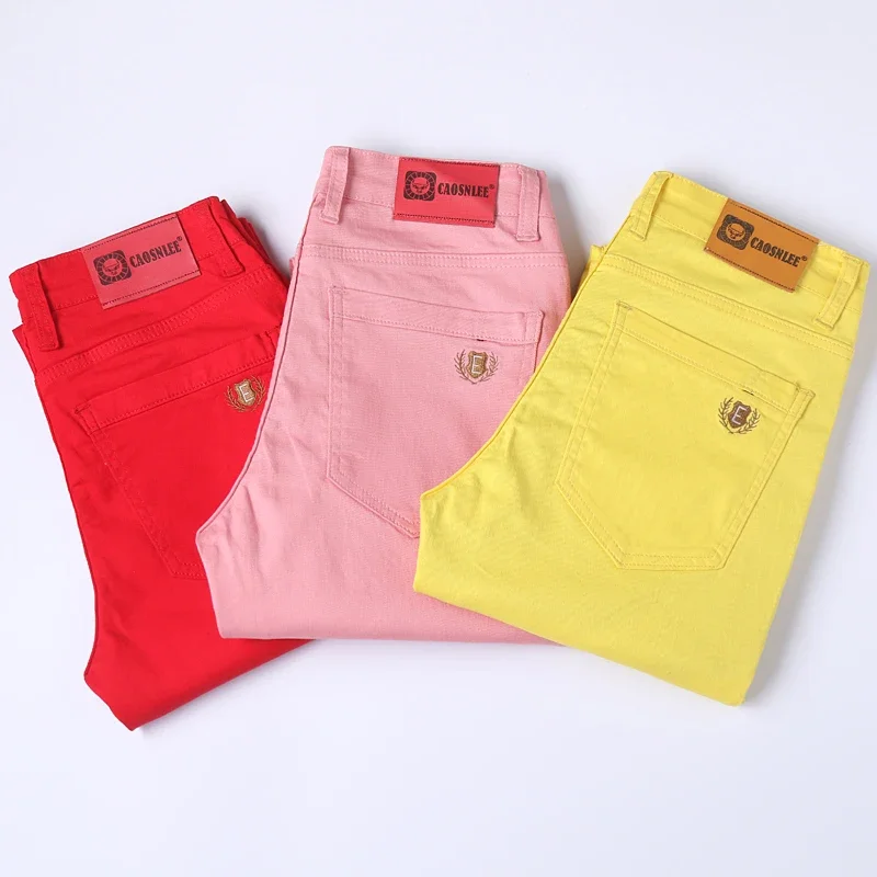 Pantalones vaqueros de estilo clásico para hombre, Vaqueros elásticos ajustados de marca, color rosa, rojo y amarillo, moda de negocios, novedad de