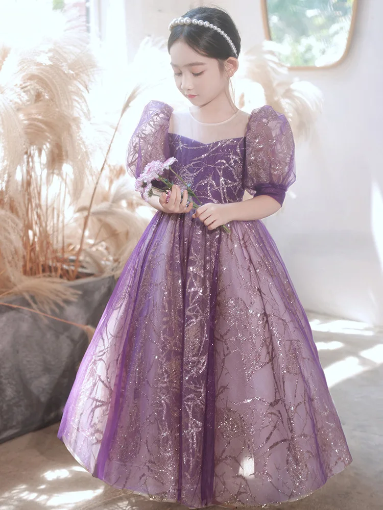 Children\'s dress for girls Wedding Flower girl Purple Sequin Beaded beauty pageant Long dress birthday party wedding ball gown