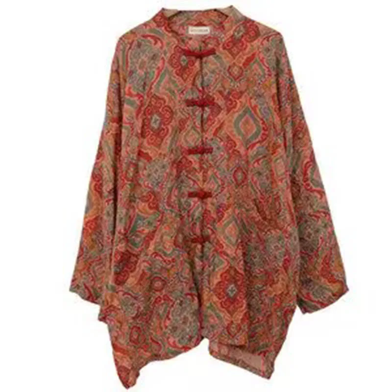 レディースルーズ単層ラミー長袖シャツ単列カエルボタンプリントショートジャケットヴィンテージファッション初秋