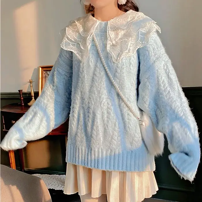 

Round Neck Pullover Fried Dough Twists Sweater Women's New Gentle Soft Waxy Loose Lazy Style Knitting Top