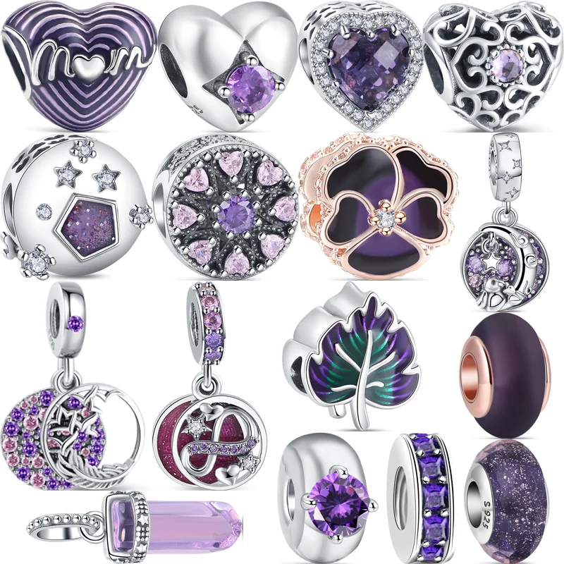 

New 925 Sterling Silver Purple Murano Glass Bead Flower Leaf Mom Love Charms Fit Original Pandora Bracelet Jewelry DIY Making