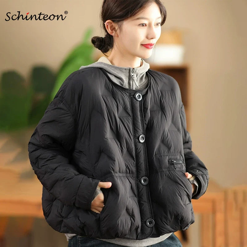 Schinteon 여성용 화이트 덕 다운 재킷 칼라리스 빈티지 가을 겨울 아우터 루즈 캐주얼 따뜻한 탑 2025 신상 코트