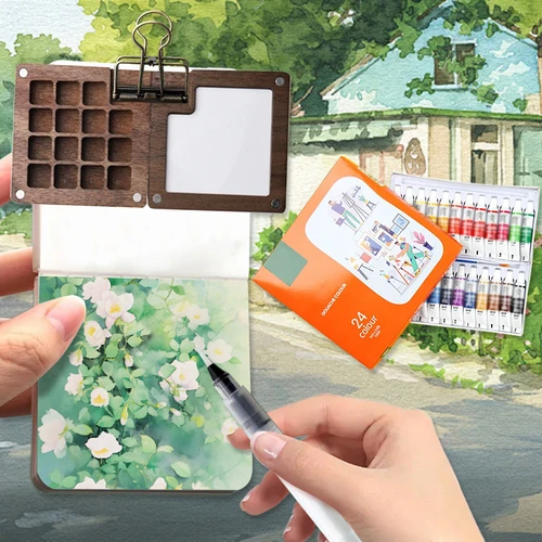 Imagen 2 del producto Juego de 2 paletas de acuarela de viaje portátiles de 8/15 colores, Mini caja de pintura de nogal, paleta de pintura de artista, cuaderno de bocetos, suministros para estudiantes de arte