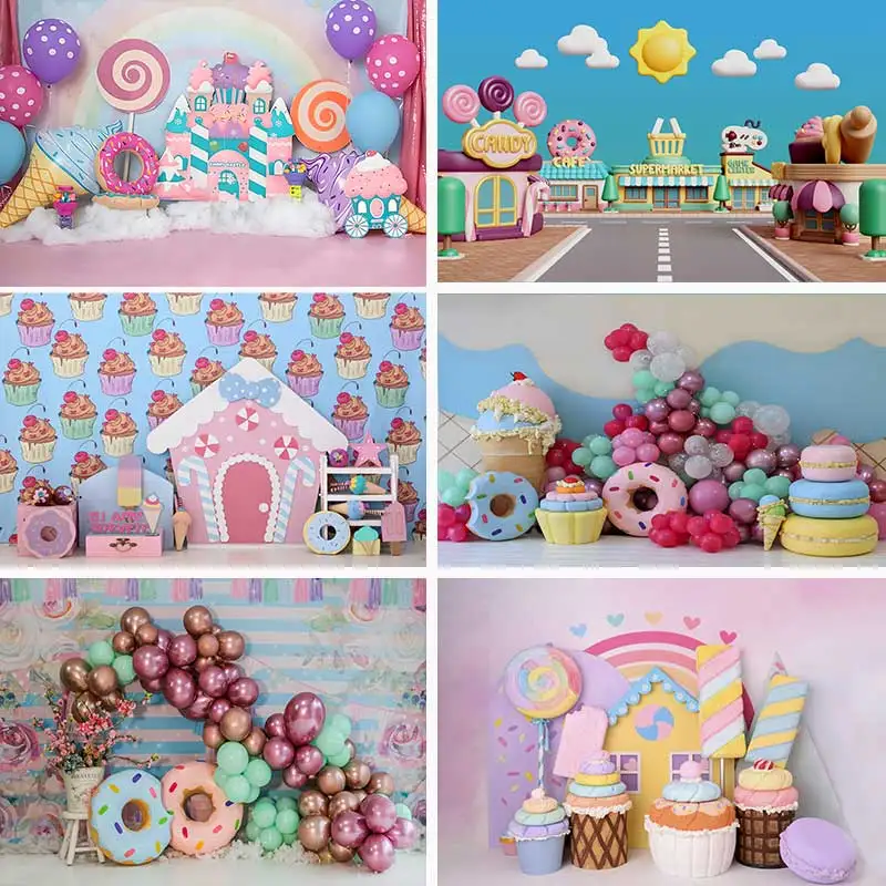 Candy Shop Theme Backdrop Decoration Ice Cream Cupcake Lollipop Sweet Cream Puff Poster Photography Photo Shoot Studio