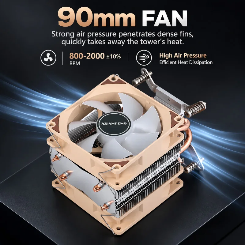 XUANFENG 90mm Fan Silent Computer Office CPU Cooler Processor 2 Heat Pipe Air-cooled Cooling Install LGA115X 1200 1700 2011 2066