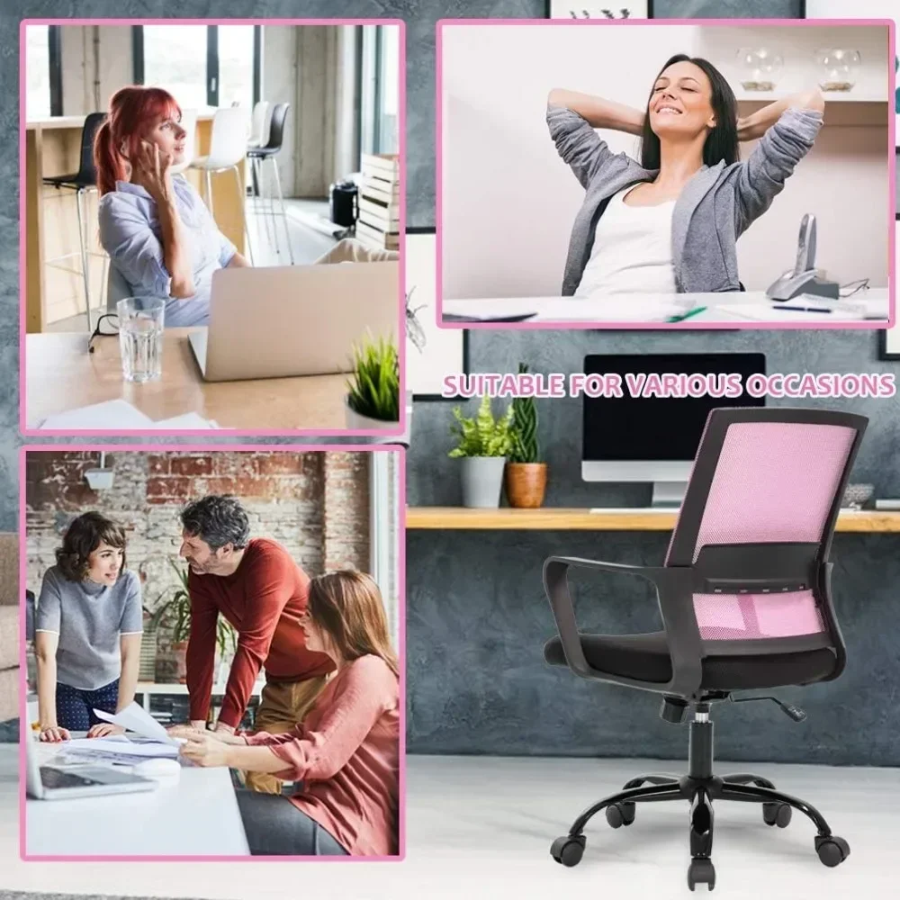 Office Chair, Mesh Work Chair, Ergonomic Administrative Computer Chair, Height Adjustable, Rolling And Rotating, Pink