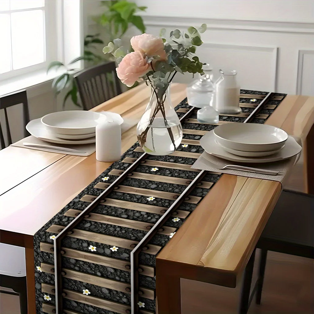 Railway & Flowers Landscape Table Runner - Durable Rectangular Table Cover for Anniversary, Wedding, Holiday Parties & Dining