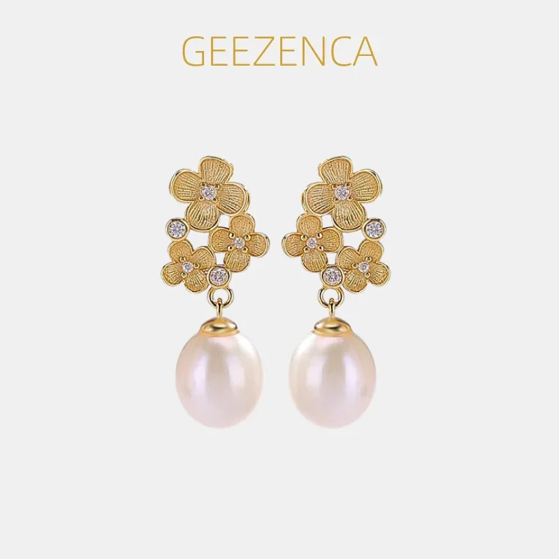 GEEZENCA 925 Silver Gold Plated Flower Pearl Charm Dangle Drop Earrings Women CZ Dainty Trendy Lightweight Earring Party Gift
