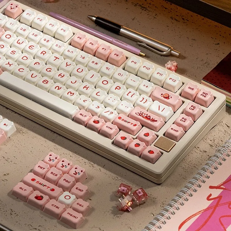 122 Keys OEM Profile Dessert Pink Bear Keycaps Dye Sub PBT Keycaps for Cherry Gateron Mechanical MX Switches Gaming Keyboards