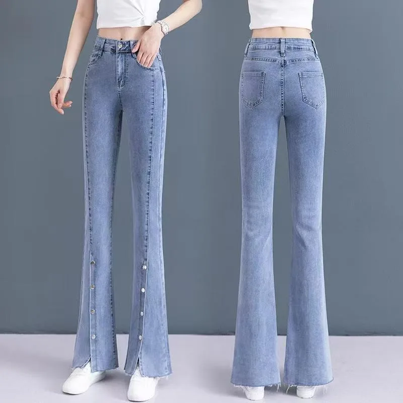 Women Light Blue Split Leg Pants Spring Autumn High Waist Split Button Pants Slim Casual Jeans New Fashion Denim Pant Trousers