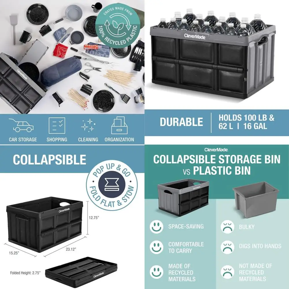 

Ocean Blue 3-Piece Collapsible Storage Bins, 62L/16Gal, Holds 100 lbs, Stackable Heavy-Duty Containers for Space-Saving