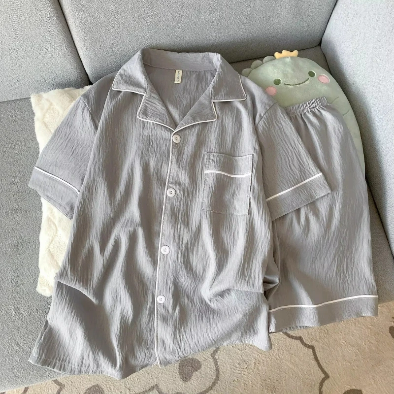 Light Luxury Sleepwear for Men Summer Short Sleeved Thin Style Youth Gray Pajamas Homewear 2PCS/Set Casual Simple Nightwear