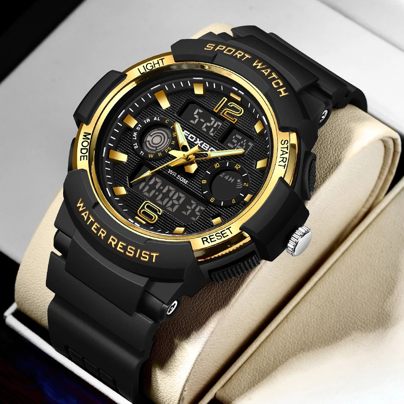 FOXBOX Electronic Quartz Man Watch Fashion Casual Sport Silicone Waterproof Luminous  Auto Date Dual Digital Watches for Men+Box