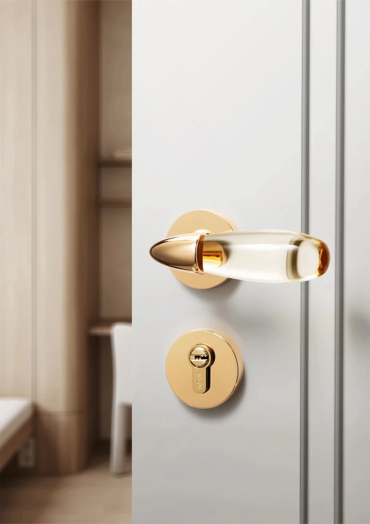 Gold Crystal + Brass Security Mute Door Lever Handle Lock For Interior Bedroom / Bathroom Privacy Bright Chromium Lock Set