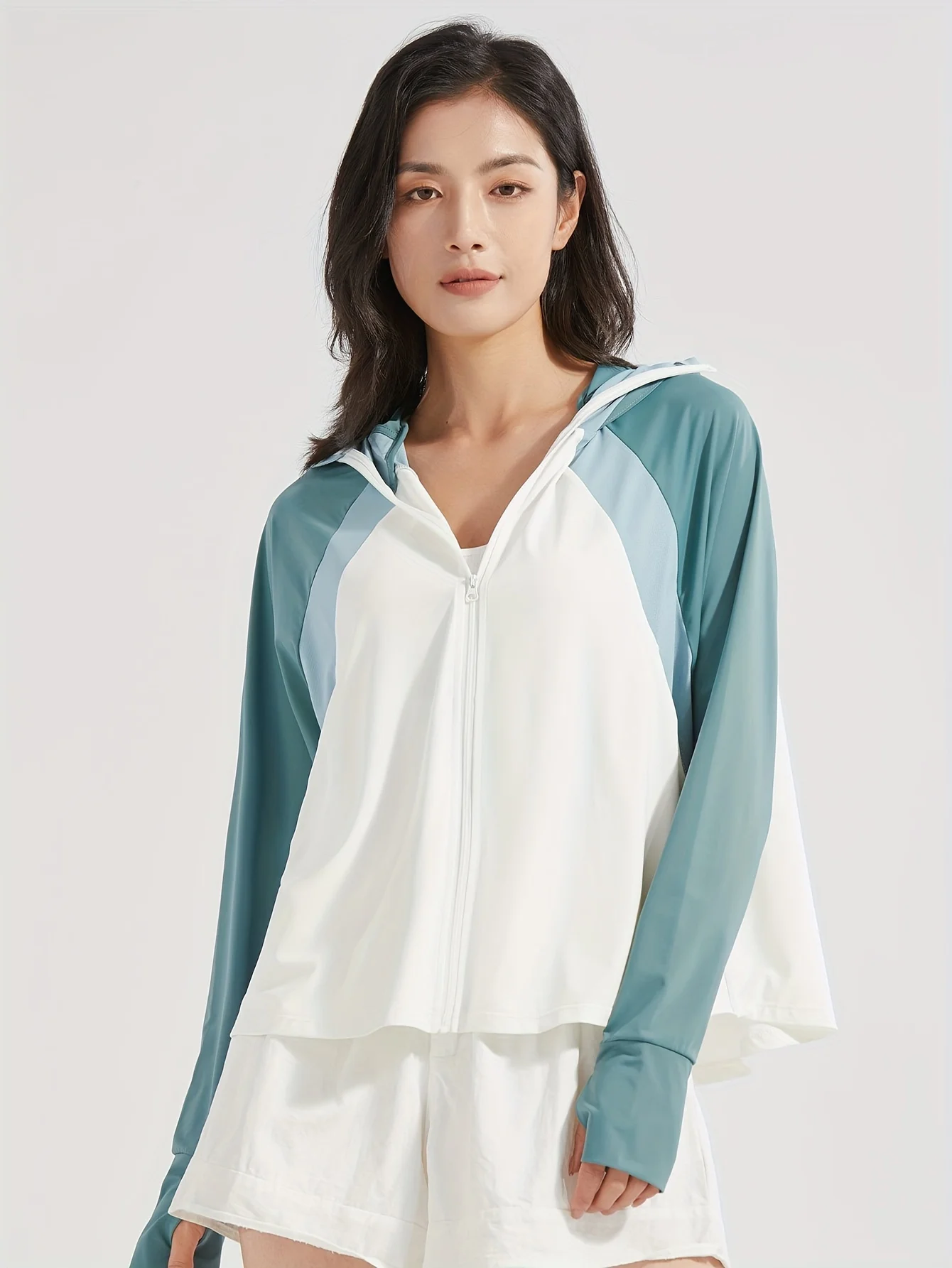 

Womens Color Block Sun Protection Jacket - Advanced UV Shield, Lightweight Running Jacket with Detachable Large Brim Hat - Perfe