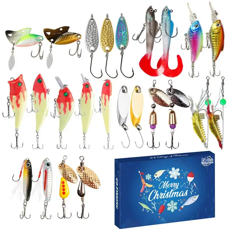 2024 Christmas Fishing Advent Calendar 24 Day Bass Fishing Lure Set Xmas Surprise Fish Bait Gift for Fishing Lovers Gift Box