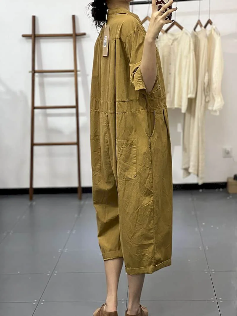 Solid Jumpsuits Women Loose Workwear Quarter Sleeve Playsuits Safari Style One Piece Outfits Women Casual Overalls Harem Pants