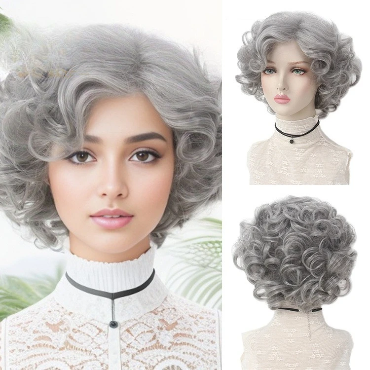 

Grandma gray wig European and American women curly hair gray wig short headgear