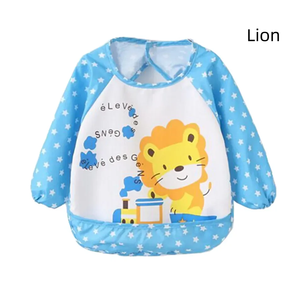 Waterproof Baby Bib Long Sleeves Cartoon Animals Bibs Washable Full Cover Polyester Long Sleeve Baby Bib Over Clothes