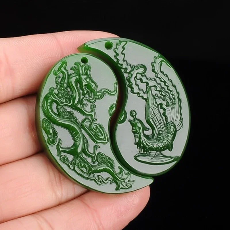 

Chinese Natural Jade Green Hand-carved Dragon and Phoenix Pendant Fashion Boutique Jewelry Couple Necklace Popular Gift