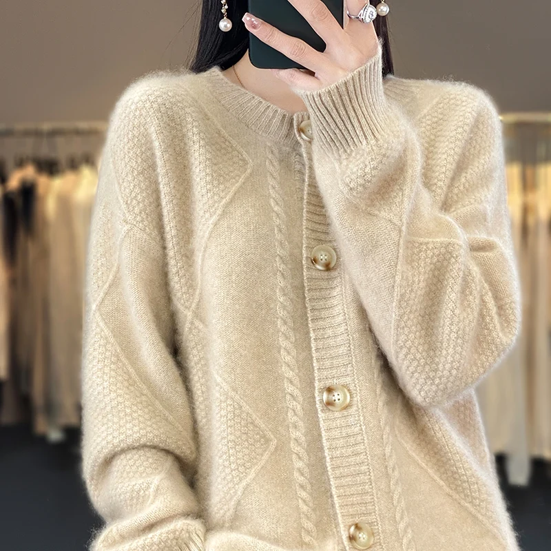 2023 Spring New Womens 100% Wool Cardigan Fashion Solid Color Female Knitted Loose Large Size Soft Knitwear Classic Autumn