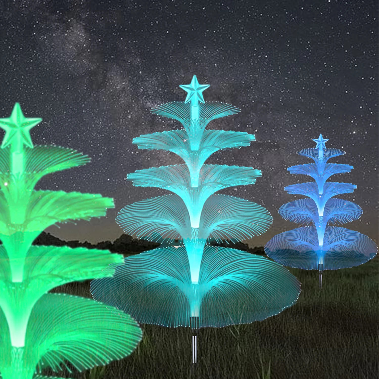 

1 Pack 5 Layer Solar Fountain Jellyfish Colorful LED Lights Color Changing Christmas Tree Outdoor Lighting with Stars