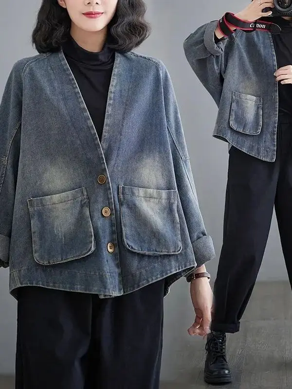 

Extra Large 300 Pou Hong Kong Sle Denim Jaet Women's Spring Autumn Versatile Loose with Big kets Casual ort Jae...