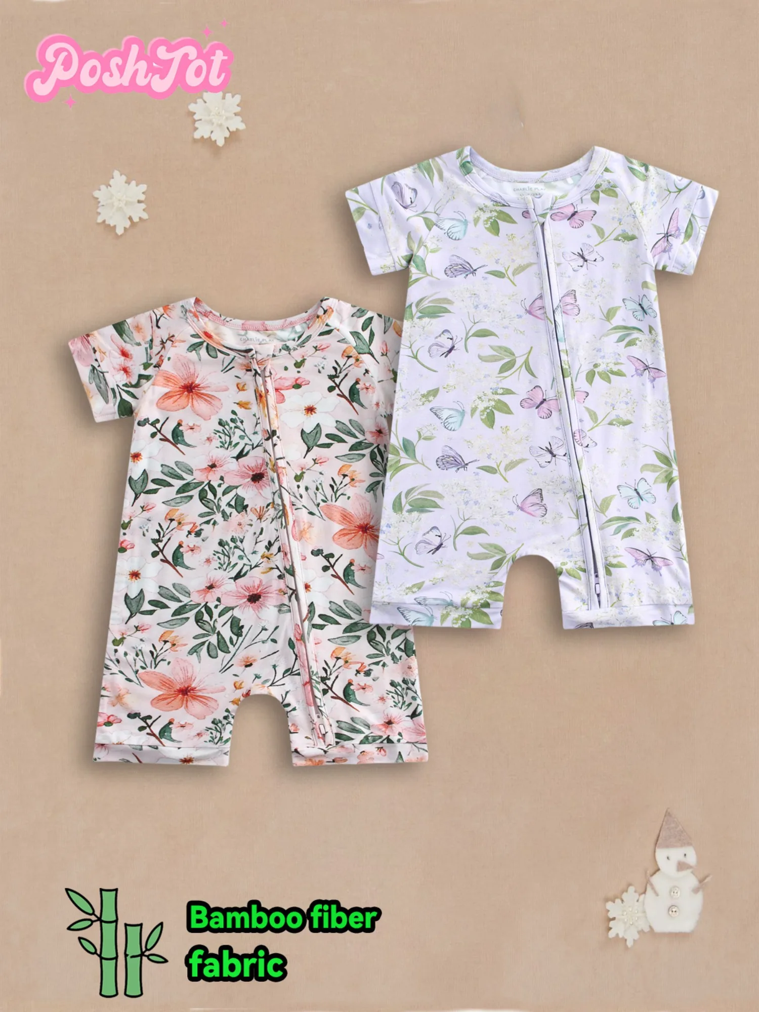 

2pcs POSHTOT bamboo fiber short sleeves for baby. Baby pajamas two-way zipper 0-2 year old jumpsuit.Baby jumpsuit.