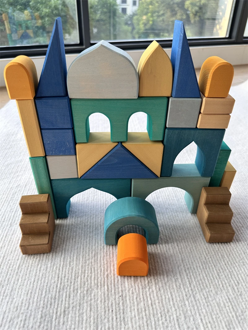 Big size Wooden Blocks Lime Rainbow Building Stacking Castel Step Shape Cubes Corner Stones for Kids Creative Play