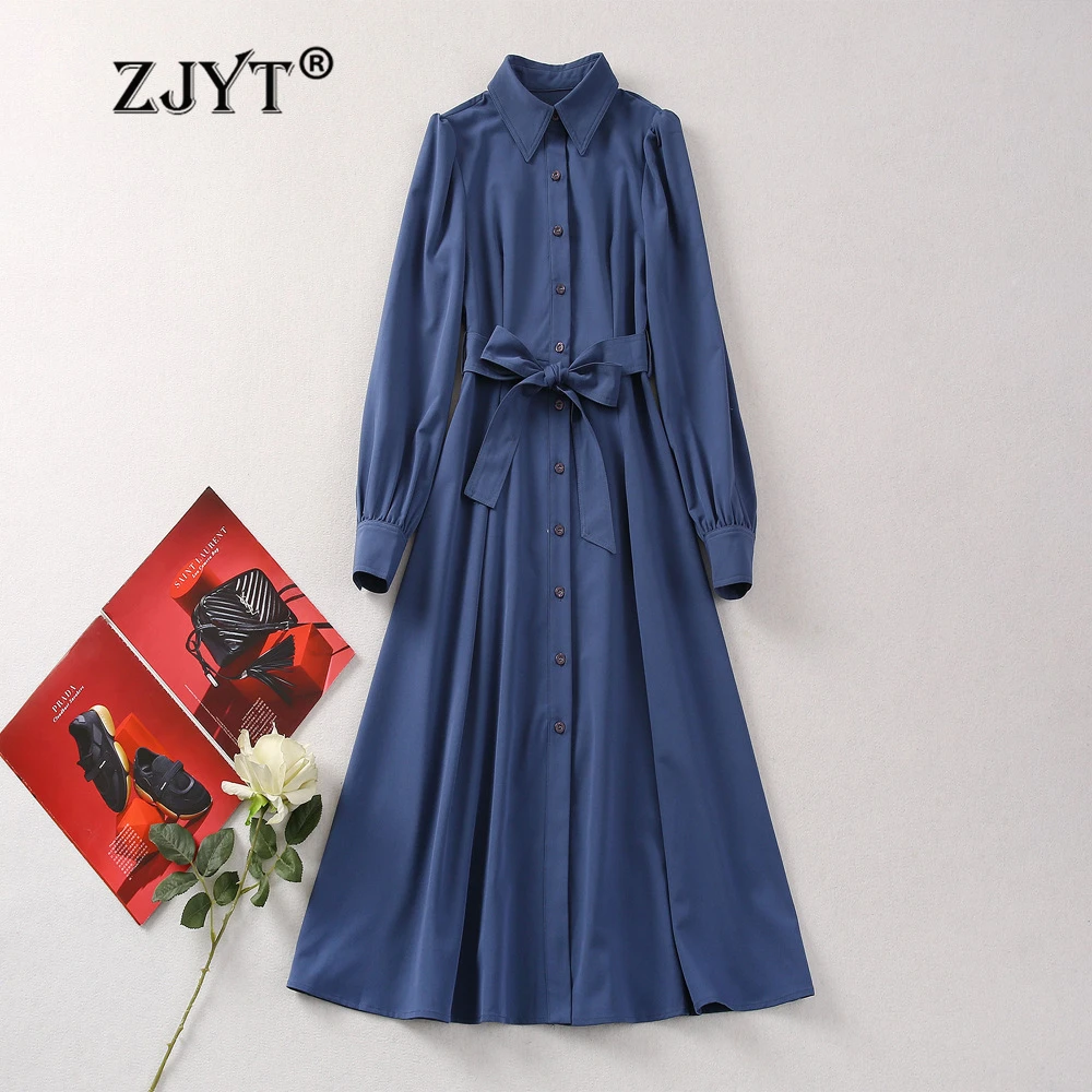 ZJYT Women\'s Long Sleeve Blue Midi Shirt Dress Spring 2024 Designer Fashion Single Breasted Casual Dress Office Lady Vestidos