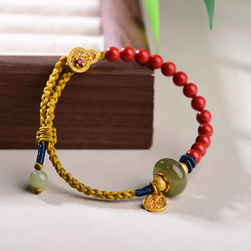 

Новый китайский стиль Hetian Jade Fortune бусина высокого содержания фиолетовый золотой песок красная веревка год зодиака женский браслет на руку
