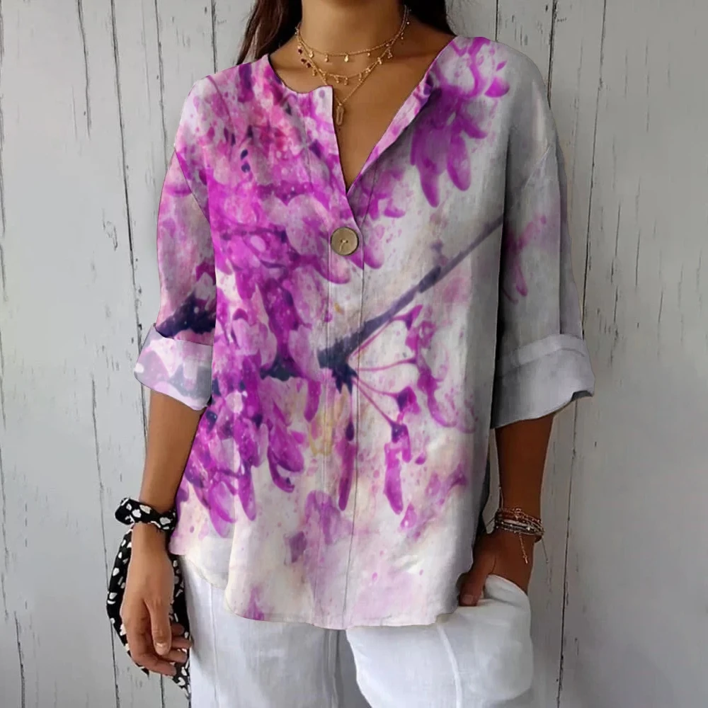 

Women's Casual Crew Neck Shirt, Purple, Gradual Change, Elegant, Smudge Flower Print, Long Sleeve, Chic Traf Clothes, New Trend