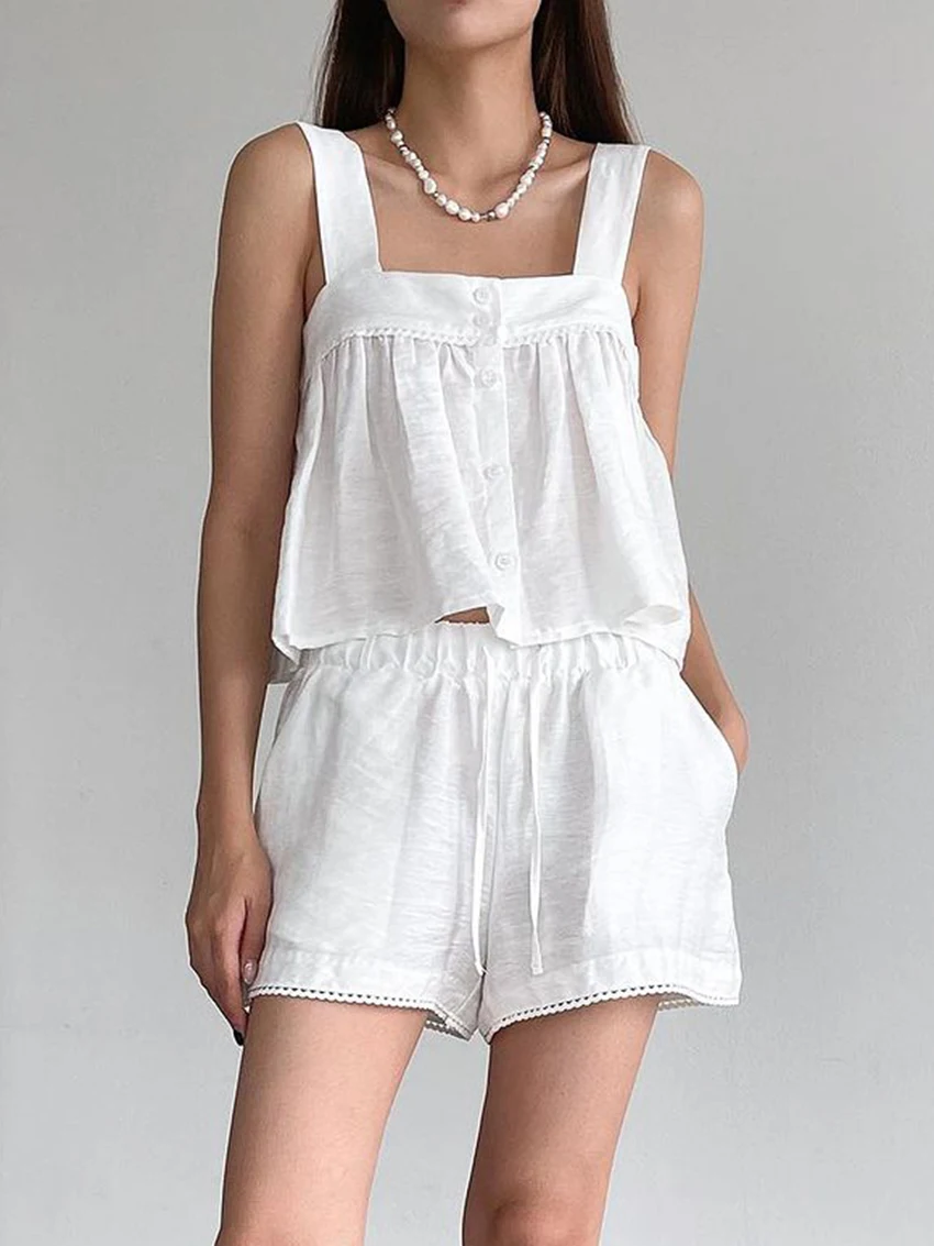 

Marthaqiqi Casual Female Pajama Suit Tank Top Sleepwear Crop Top Nightie Sexy Square Collar Nightgown Shorts Women Nightwear Set