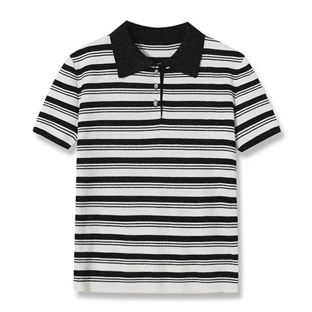 

Elegant Women's Neck Button Striped Short Sleeve Versatile Knitted Top Casual Style Summer Fashion Ladies' Premium Knitwear