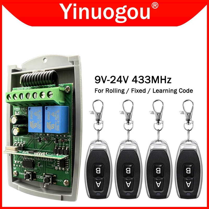 433MHz Universal Garage Door Remote Control Receiver 9V-24V 2CH Switch Controller Command 433.92MHz Fixed Code and Rolling Code