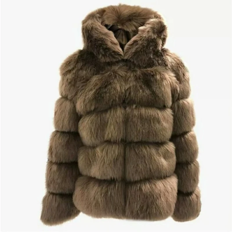 Hooded Faux Fox Fur Jacket Stripes Mid Long Women Plush Coat Solid Long Sleeves Fluffy Jackets Winter Streetwear Furry Cardigans