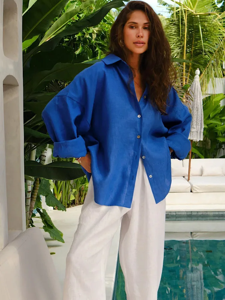 

Vintage Basic Top Cotton Linen Shirt for Women Long Sleeve Spring Women's Linen Shirts White Lapel Casual Solid Oversize Blouse