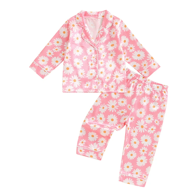 Kids Baby Boy Girl Satin Pajamas Set PJS Long Sleeve Button Down Sleepwear 2 Piece Lounge Tops Pants Nightwear Homewear