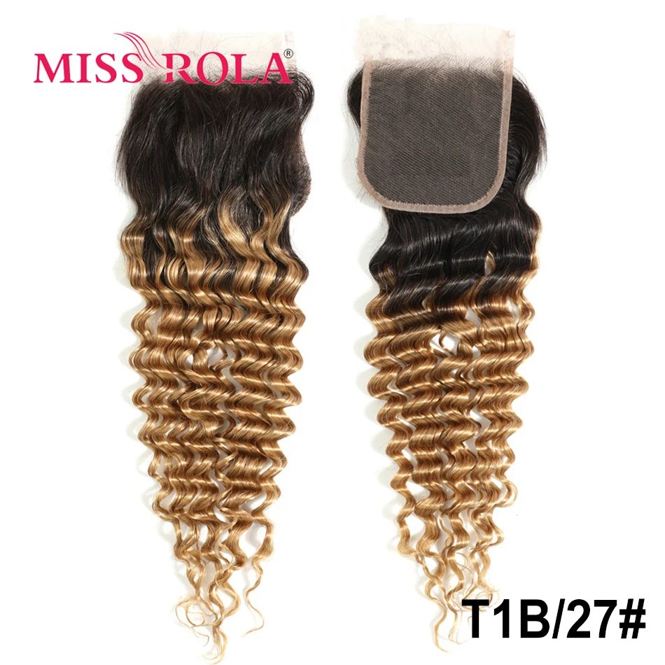 Miss Rola Hair Brazilian Deep Wave Hair Lace Closure 100% Human Hair 4x4 Lace Closures Curly Remy Blonde 99J Highlight Brown